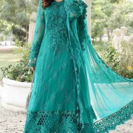 Beautiful Teal Cutwork Party Dress - Formal Womenswear with Elegant Lace Design and Flowing Fabric Overall Piece
